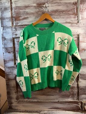 Checked Bow Crewneck Sweater in Green & Cream - pixi + ivy